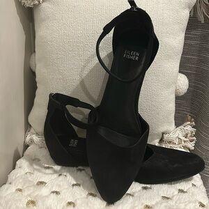 EILEEN FISHER Ankle Strap back zip black suede flats SIZE 10